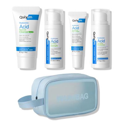 Quiyum Skin Care Set, Hyaluronic Acid Travel Size Skincare Set W/ Low pH Cleanser, Moisturizer, Serum, Eye Cream, Toiletry Bag, Face Care Set Gift for Women Girls, Hydrating Anti Aging for Dry Skin