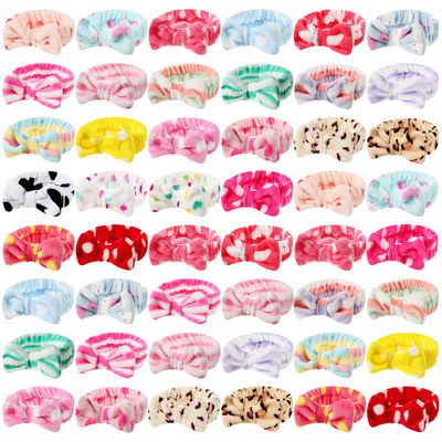 Tigeen 48 Pieces Spa Headband Bulk, Headband for Washing Face, Coral Fleece Bow Hair Band, Skincare Headbands for Women Shower Cosmetic Facial Makeup Mask Hair Band Valentines Gifts, 24 Styles