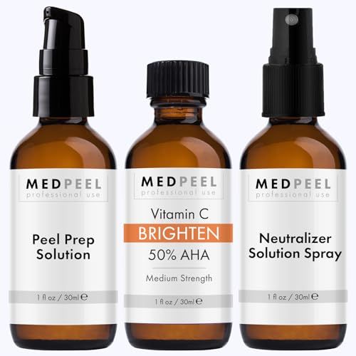 MedPeel 50% AHA &amp; Vitamin C Brightening Essential Peel Kit, Includes Peel, Prep, Neutralizer, Medium Strength Professional Grade Chemical Face Peel, Minimize Fine Lines Wrinkles, 1oz/30ml (Kit of 3)