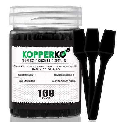 Kopperko 100 Pack 2.5 Inch Cosmetic Spatulas - Small Plastic Spatula for Cosmetics, Creams, &amp; Crafts | Makeup Spatula or Multipurpose Mini Applicator for Mixing, Skincare, or Scraping Jars | Black