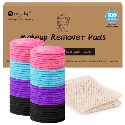 Orighty Microfiber Makeup Remover Pads 100 Count, Eco-Friendly Makeup Remover Cloths, Reusable Face Pads for All Skin Types, Make-up Wipes with Laundry Bag (Multi-Color)