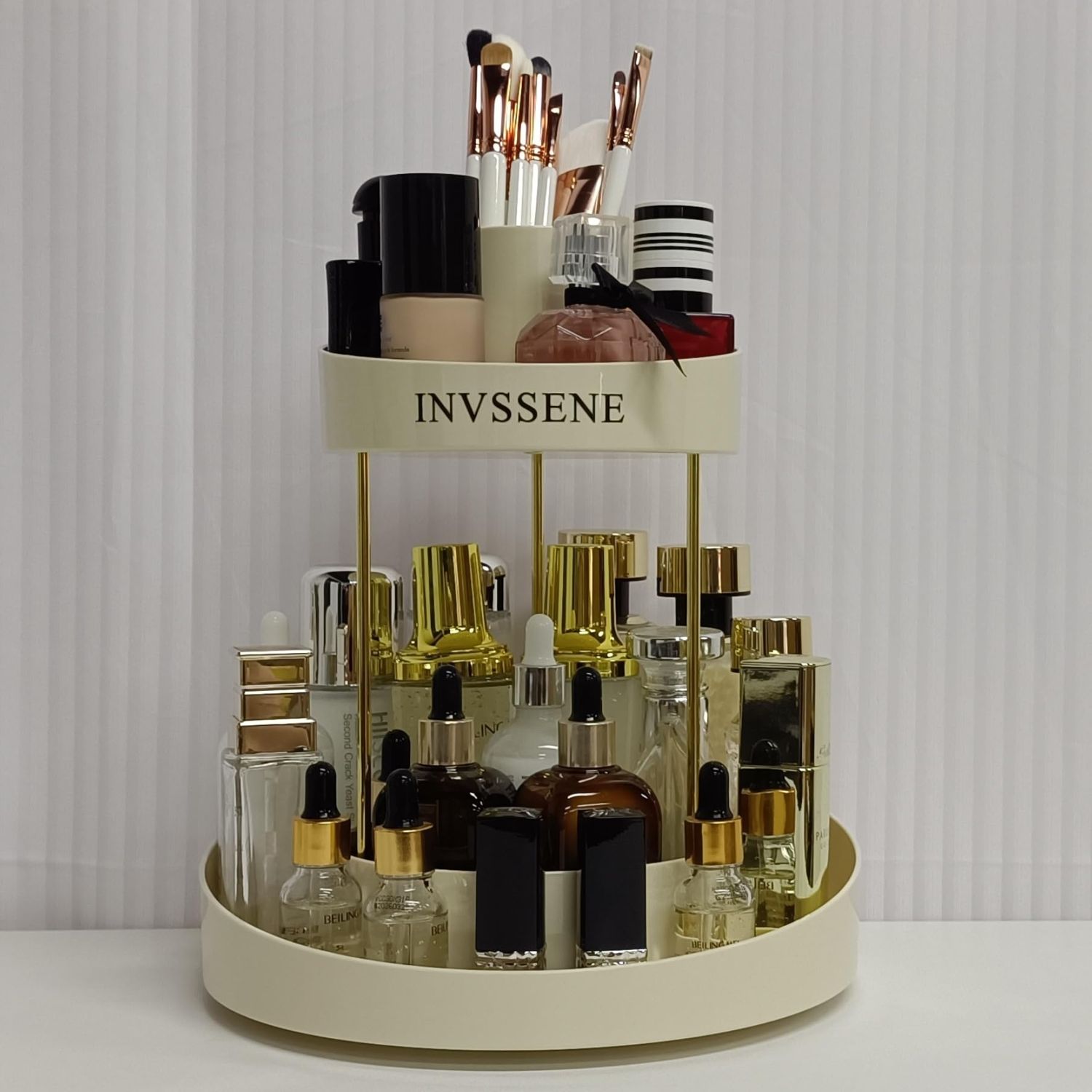 INVSSENE 2 Tiers Rotating Makeup Organizer, Large Makeup Organizer for Vanity, Countertop Storage Shelf for Cosmetics, Skincare, Makeup Brush - Warm White