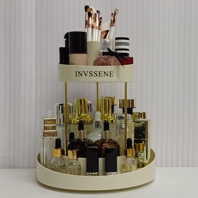 INVSSENE 2 Tiers Rotating Makeup Organizer, Large Makeup Organizer for Vanity, Countertop Storage Shelf for Cosmetics, Skincare, Makeup Brush - Warm White