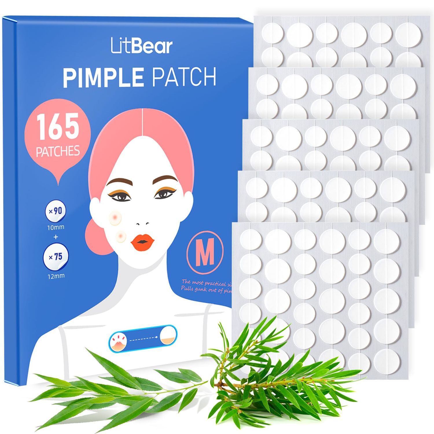 LitBear Acne Pimple Patch (165 Count), Strong Adsorption Zit Patches with Salicylic Acid &amp; Tea Tree Oil, Hydrocolloid Ance Patches for Face Zits Blemish Acne Dots, Extra Adhesion Pimple Stickers