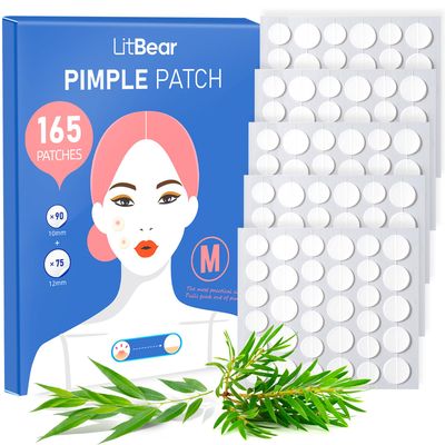 LitBear Acne Pimple Patch (165 Count), Strong Adsorption Zit Patches with Salicylic Acid &amp; Tea Tree Oil, Hydrocolloid Ance Patches for Face Zits Blemish Acne Dots, Extra Adhesion Pimple Stickers