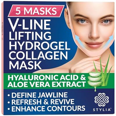 Stylia Double Chin Mask - V Line Chin Strap - Lifting Collagen Face Mask with Hyaluronic Acid &amp; Aloe Vera - Face Lift Tape Jawline Shaper - Self Care Gifts for Women - Face Masks Skincare - 5PC