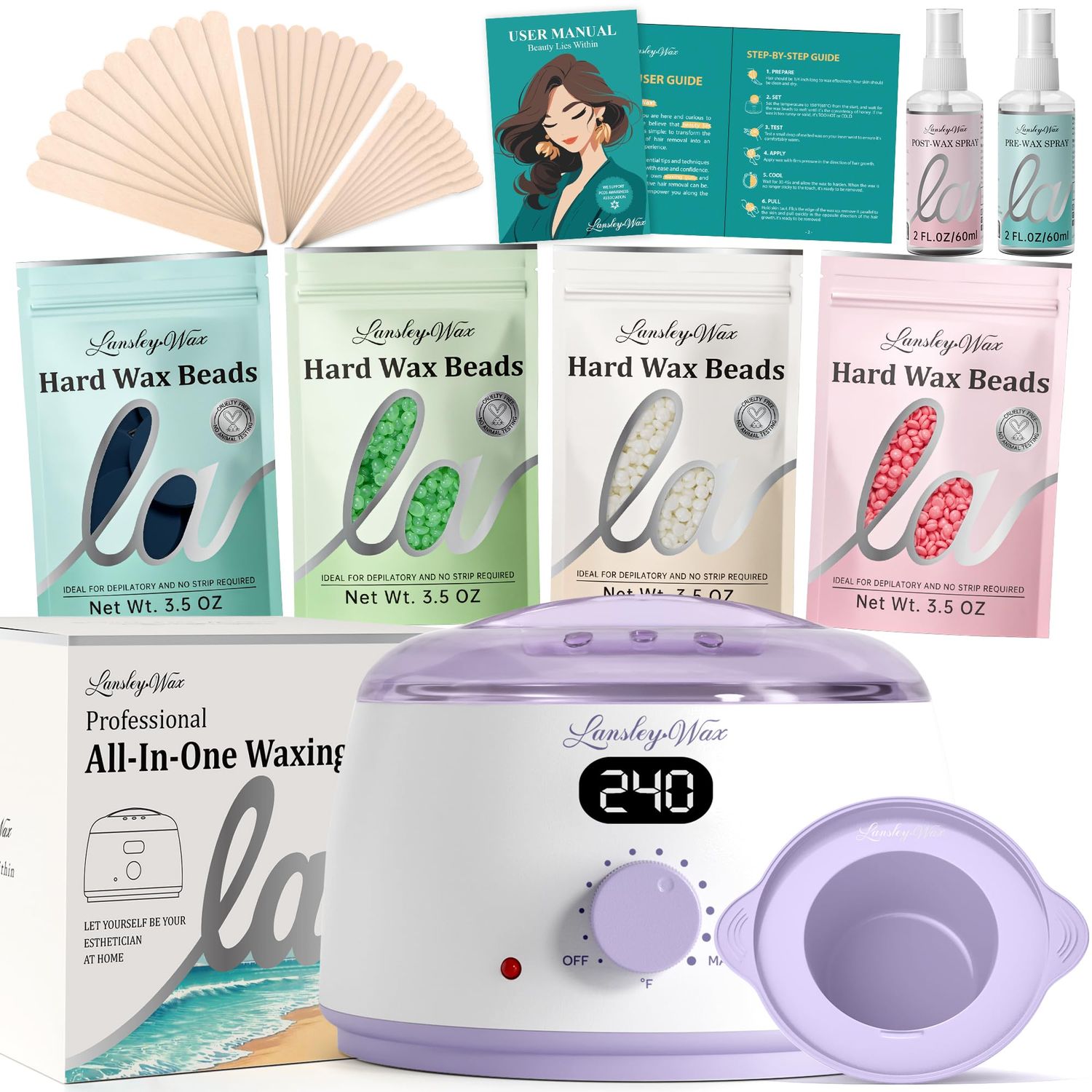 LANSLEYWAX Digital Waxing Kit for Women Men-Purple Waxing Machine with 39 Accessories-Hard Wax Kit for Arms Legs Brazilian Bikini Facial Sensitive Skin, Wax Warmer Hair Removal for Home/Salon Use