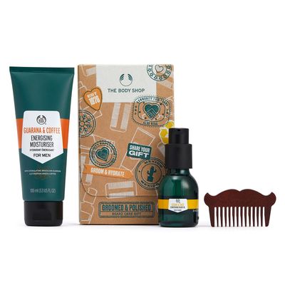 The Body Shop Groomed &amp; Polished Beard Care Gift Set - Vegan - Cedar &amp; Sage Beard Oil 30 ml Guaran &amp; Coffee Moisturizer and Comb