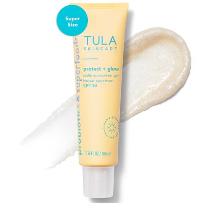 TULA Skin Care Protect + Glow Daily Sunscreen Gel Broad Spectrum SPF 30 - Skincare-First, Non-Greasy, Non-Comedogenic &amp; Reef-Safe with Pollution &amp; Blue Light Protection, Supersize, 3.38 oz