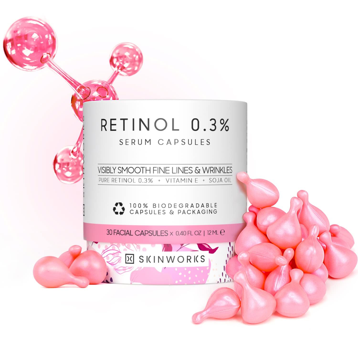 SKINWORKS Retinol Anti Aging Wrinkle Correction Night Serum with Hyaluronic Acid Serum for Dark Spots, Post-Acne Scars, Instantly Plump &amp; Hydrates Skin, Unscented, 30 Capsules