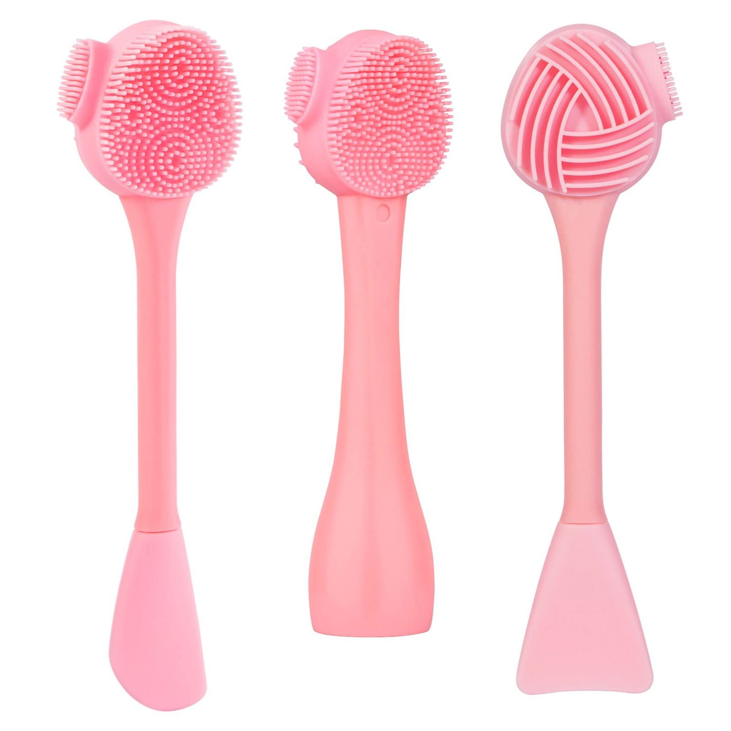 Silicone Facial Cleansing Brush 3 Designs, Beomeen 4 in 1 Handheld Face Scrubber for Deep Gentle Exfoliating, Double-Ended Face Wash Scrub Brush for Face Skincare and Massage (Pink)