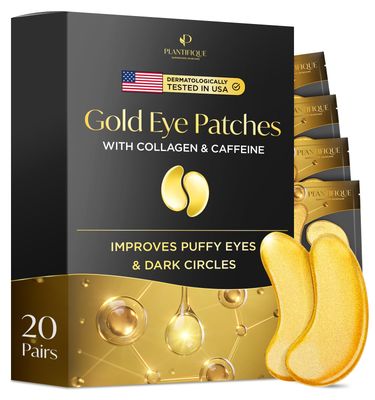 PLANTIFIQUE Gold Under Eye Patches for Puffy Eyes and Dark Circles 20 Pairs Under Eye Masks for Dark Circles and Puffiness Eye Gels with Collagen &amp; Caffeine Anti Aging Gold Eye Mask Skincare