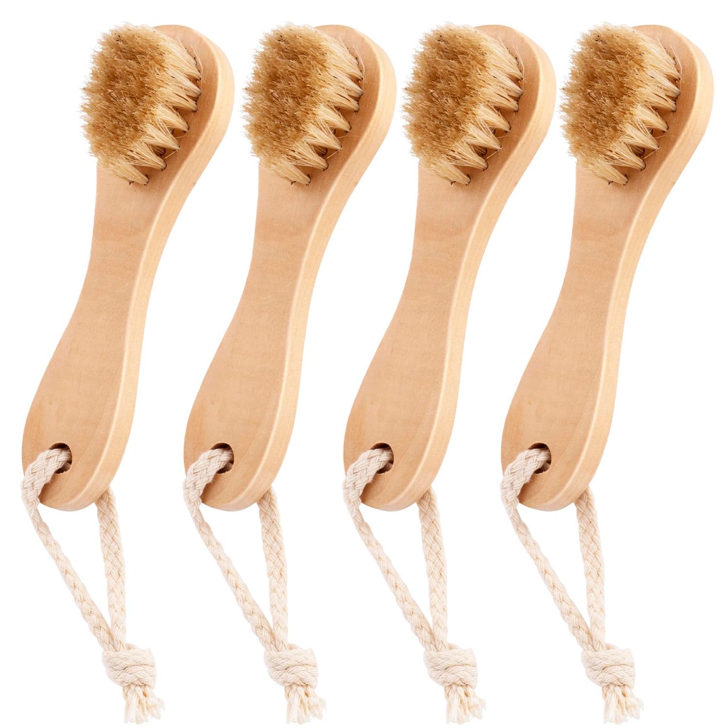 HINZIC 4 Pack Manual Facial Cleansing Brush for Men, Natural Bristle Face Scrubber with Wood Handle, Skin Friendly Waterproof Exfoliator Cleanser for Makeup Residues Removal Deep Cleansing