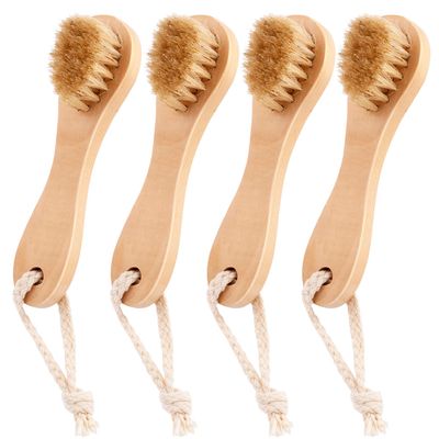 HINZIC 4 Pack Manual Facial Cleansing Brush for Men, Natural Bristle Face Scrubber with Wood Handle, Skin Friendly Waterproof Exfoliator Cleanser for Makeup Residues Removal Deep Cleansing