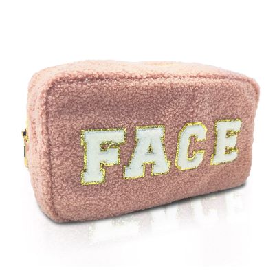 SVICCOOKQ Chenille Lettlers Plush Preppy Makeup Bag Travel Cosmetic Bag for women, Small Cute Grils Treddy Stuff Skin Care Bag with Large Toietries Storage Space for Teen Girl Purse