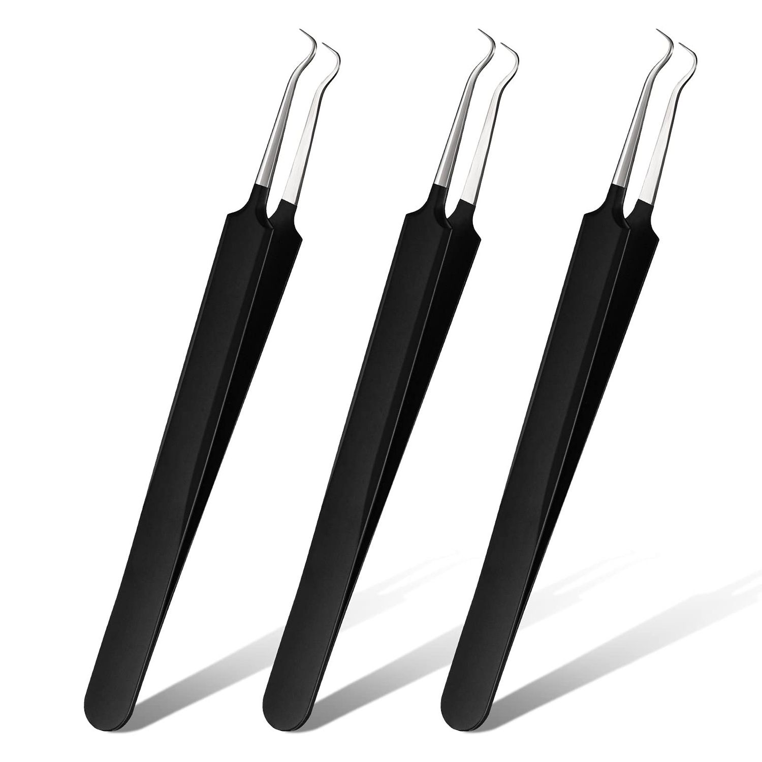 Honoson 3 Pcs Blackhead Tweezer Stainless Steel Pimple Tweezers Extractor Tool for Remove Blackhead Zit Whitehead Pimple Bend Curved Tweezer Skin Blackhead Remover Tools(Black)