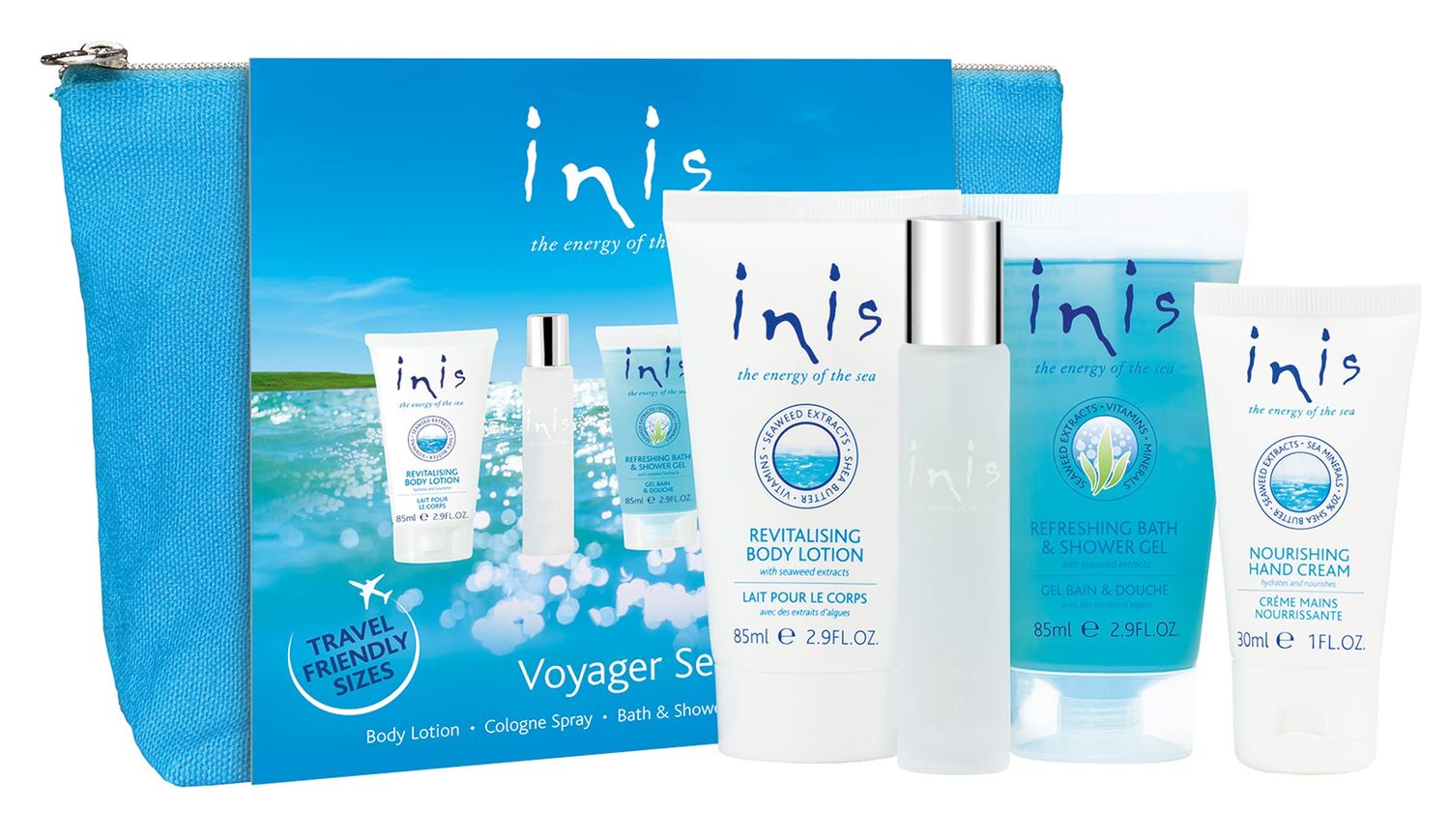 Inis the Energy of the Sea Voyager Gift Set - Hydrating Body Lotion - Refreshing Shower Gel - Body Wash - Unisex Cologne - Hand Cream For Women - Perfume - Travel Size Cosmetics With Cosmetic Bag