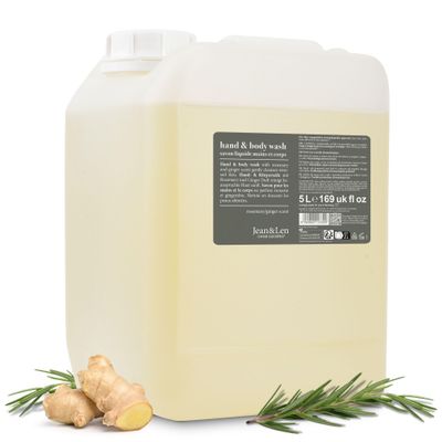 Jean &amp; Len Hand &amp; Body Wash Rosemary and Ginger in canister, cleans and cares for the skin, spicy fresh scent, liquid soap in refill canister, without silicones &amp; parabens, 169.07 Fl. OZ.