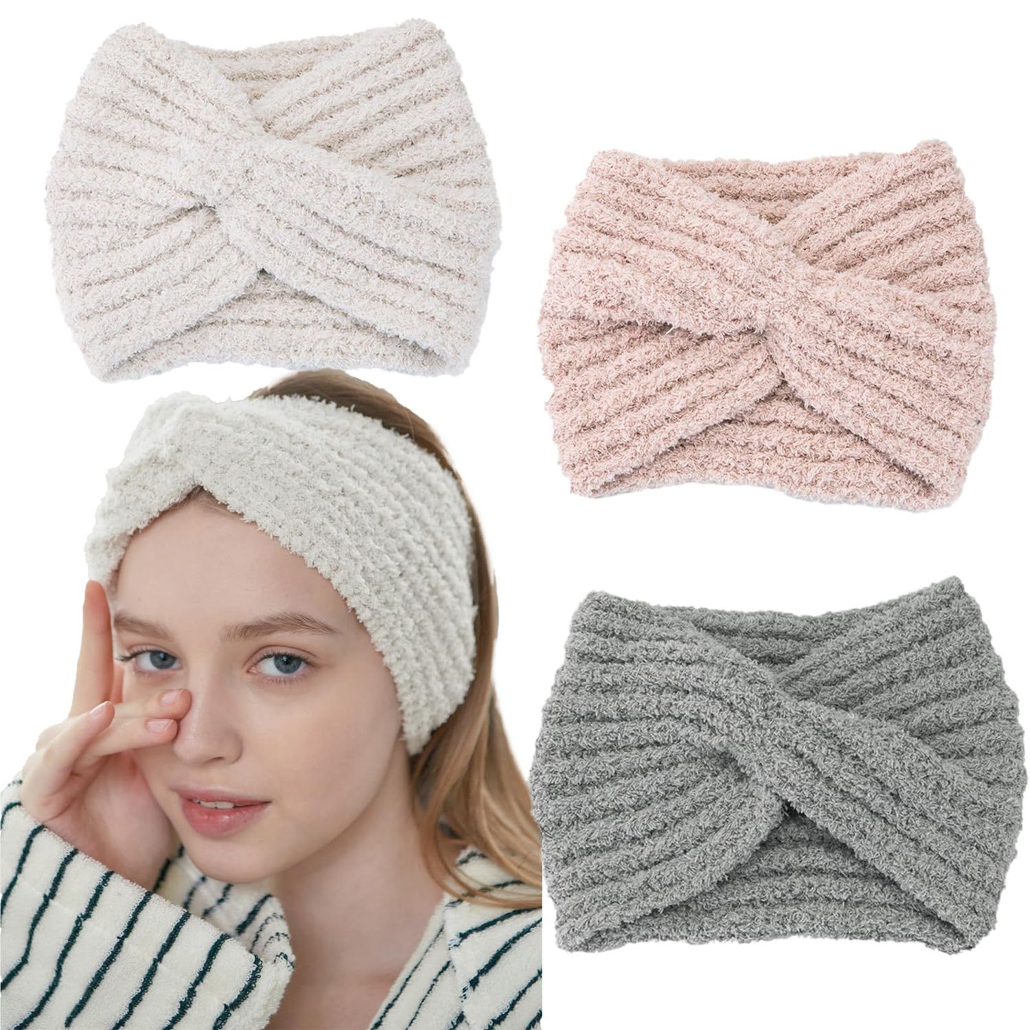 LONEEDY 3 Pack Extra Wide Face Wash Headband for Women Girls, Spa Facial Headband Makeup Skincare Hairband Soft Adjustable Cute Elasticity Headband (Pink+Beige+Gray, One Size)