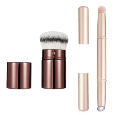 Retractable Kabuki Makeup Brush, Powder Brushes Foundation Travel Brush for Blush Bronzer &amp; Powder, Silicone Lip Brush, Double-Ended Multi-purpose Makeup Blending Brush with Lid