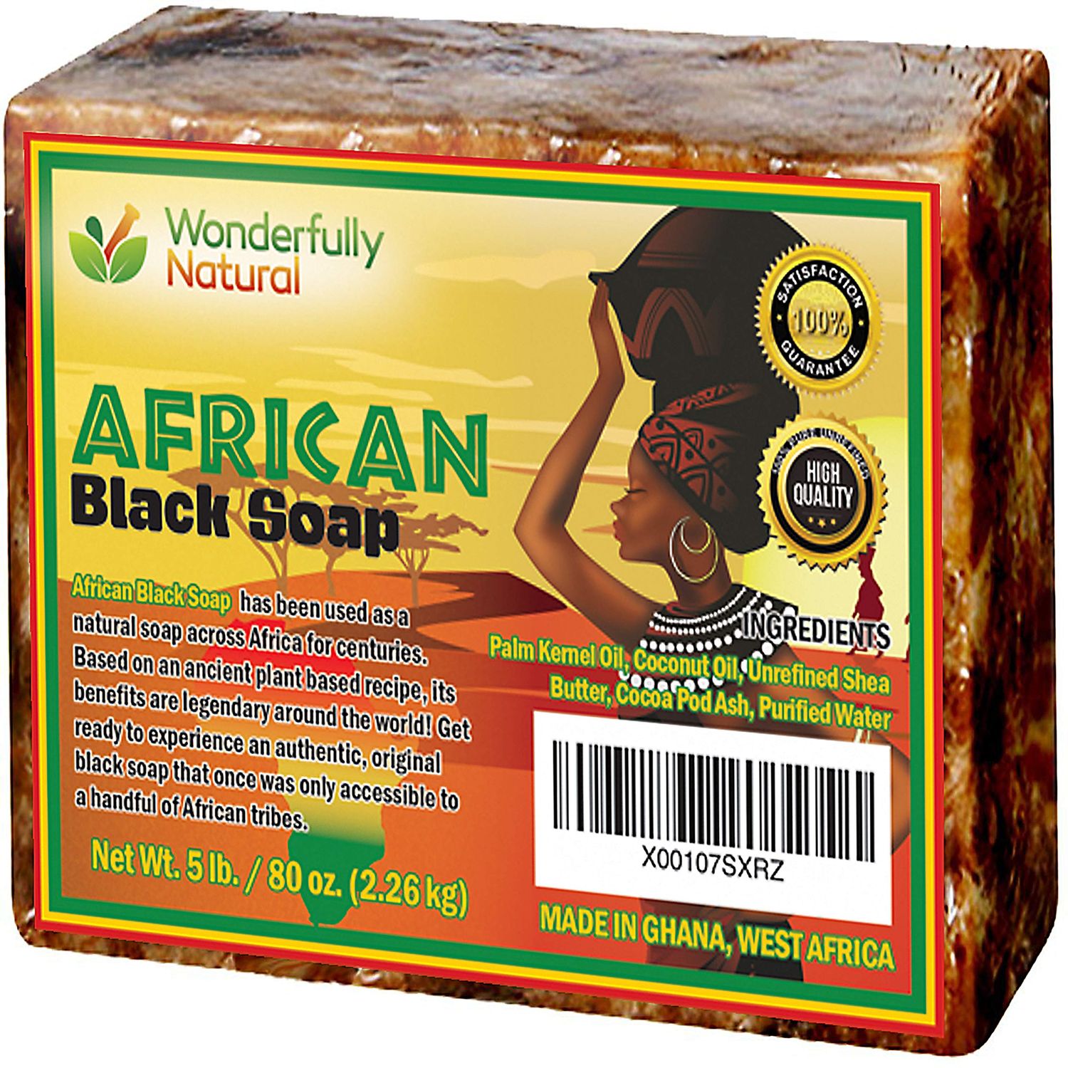 Wonderfully Natural Organic African Black Soap - 5 Pound Best for Acne, Eczema, Dry Skin, Psoriasis, Scars, Dermatitis, White Heads Pimples, Face &amp; Body Wash, Raw Handcrafted Beauty Scrub Bar