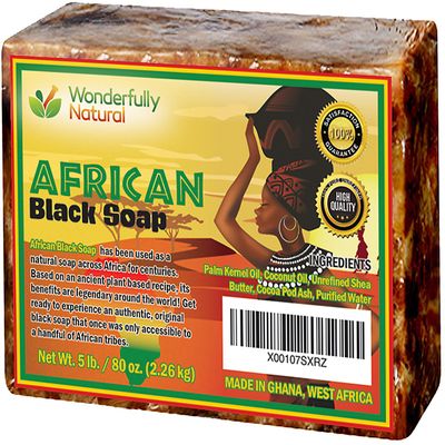 Wonderfully Natural Organic African Black Soap - 5 Pound Best for Acne, Eczema, Dry Skin, Psoriasis, Scars, Dermatitis, White Heads Pimples, Face &amp; Body Wash, Raw Handcrafted Beauty Scrub Bar