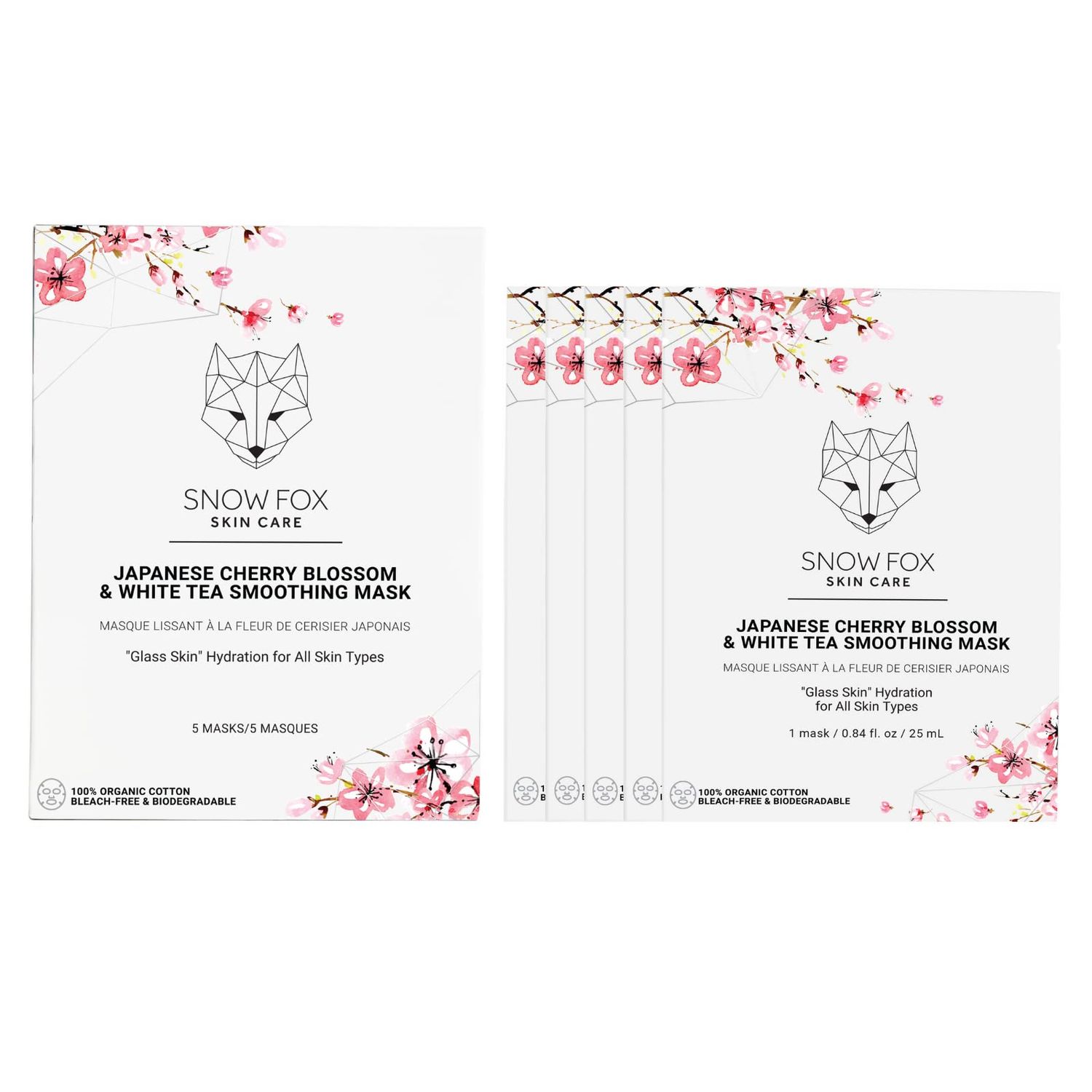 Snow Fox Skincare Japanese Cherry Blossom &amp; White Tea Soothing Mask, 5 Mask
