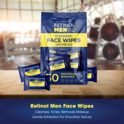 Retinol Mens Individually Wrapped wipes, travel essentials for Work, Gym & On the Go - Large Wet Wipes for face + body, Fresh and clean, with micellar water & Vitamin A-C-E - 30 single facial wipes