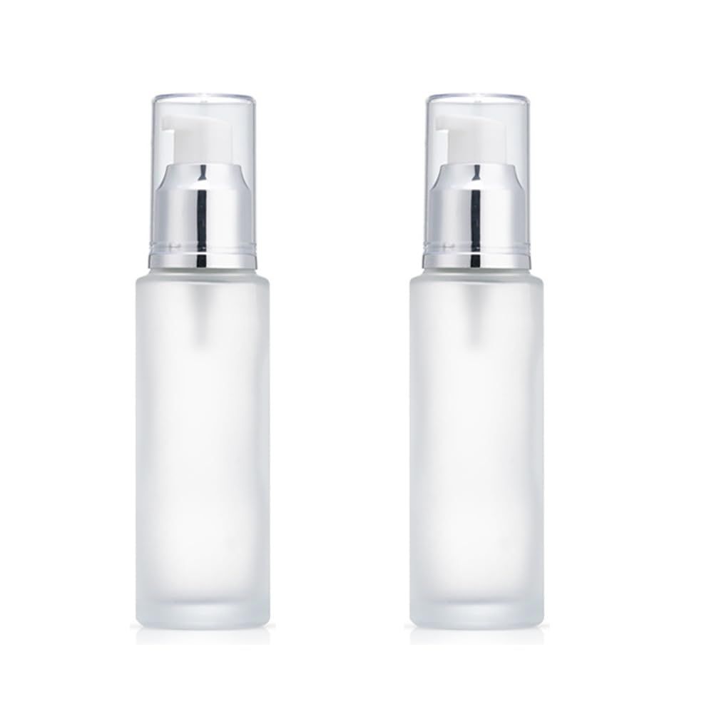 TUPANDY 2PCS 100ml/3.3oz Empty Clear Glass Lotion Pump Bottles Travel Frosted Clear Sample Packing Makeup Cosmetic Container Storage Dispenser Jar for Essential Oils Lotions Cream DIY Skin Care