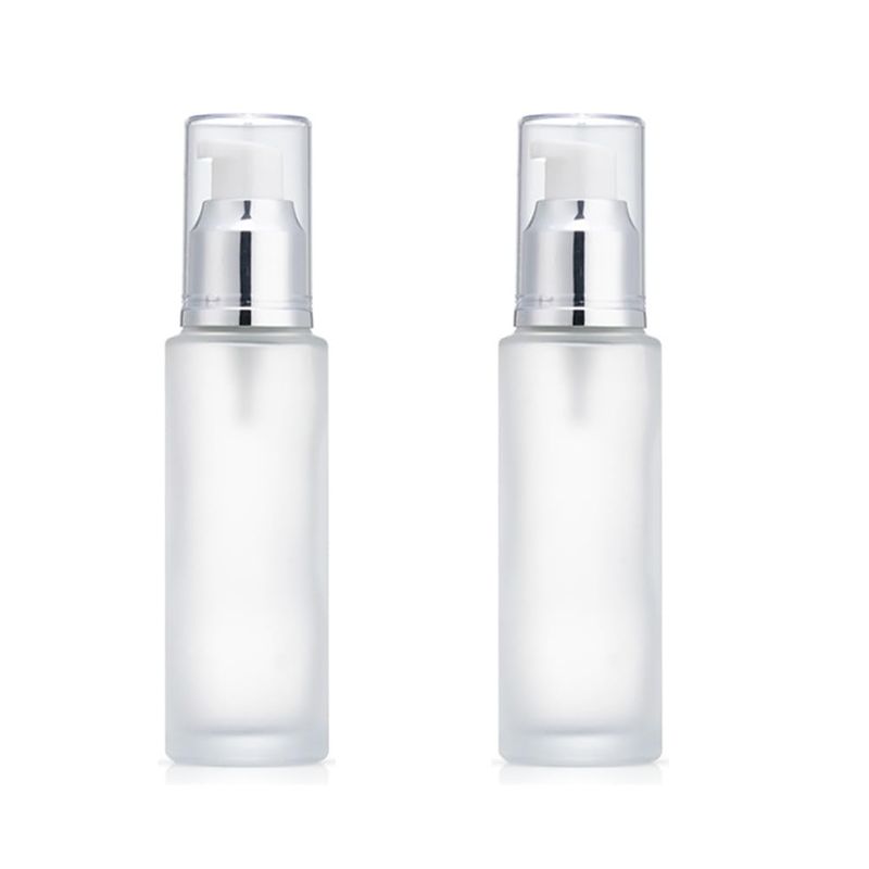 TUPANDY 2PCS 100ml/3.3oz Empty Clear Glass Lotion Pump Bottles Travel Frosted Clear Sample Packing Makeup Cosmetic Container Storage Dispenser Jar for Essential Oils Lotions Cream DIY Skin Care
