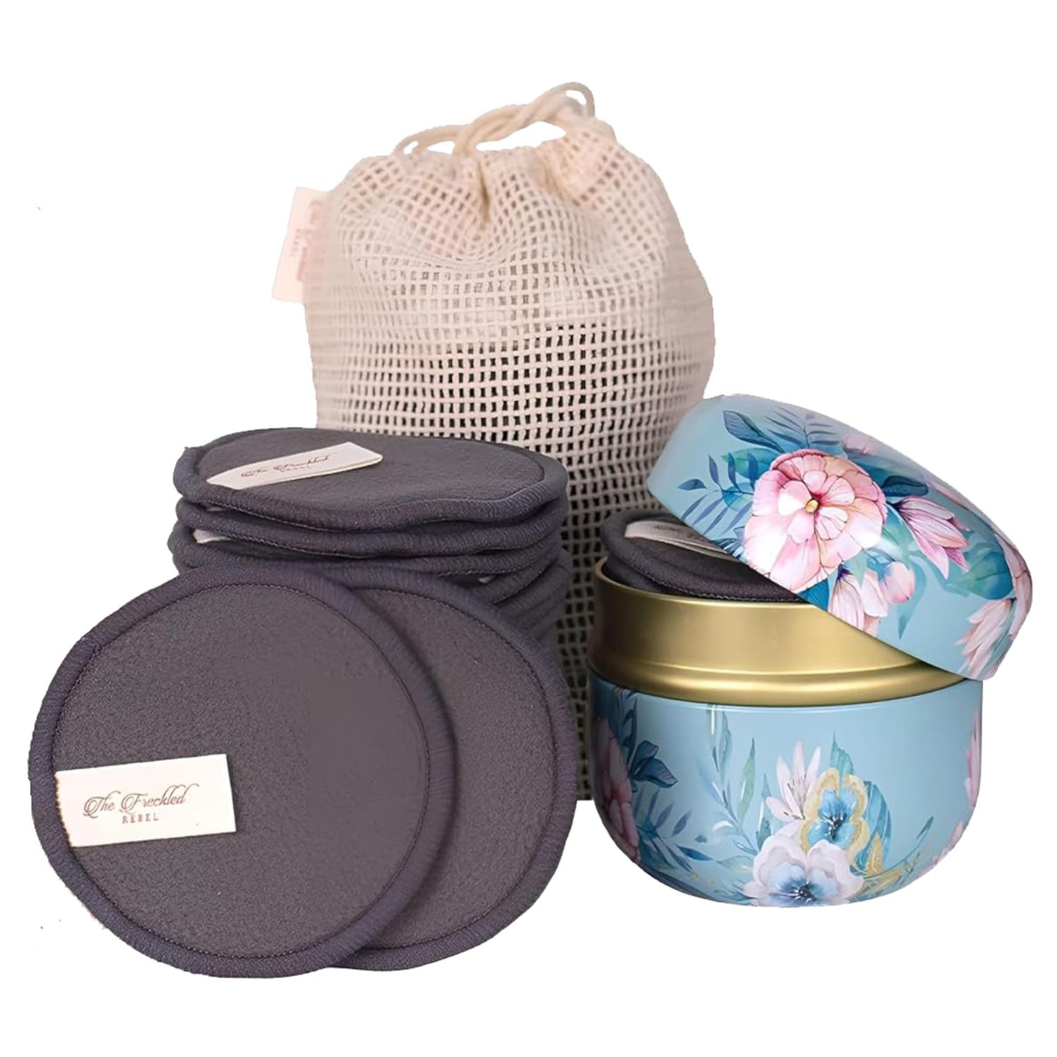 Reusable Makeup Remover Pads Set by Freckled Rebel. 20 Reusable Face Pads with Laundry Bag with Tin Can. Reusable Cotton Rounds for Facial Cleansing. Reusable Bamboo Cotton Rounds for All Skin Types