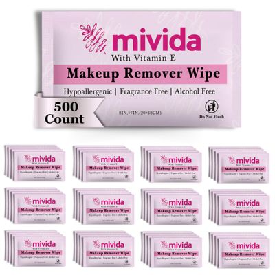 mivida 500 Count Bulk Individually Wrapped Makeup Remover Wipes with Vitamin E | Hypoallergenic, Fragrance-Free, Alcohol-Free makeup wipes | Bulk single make up removing wipes