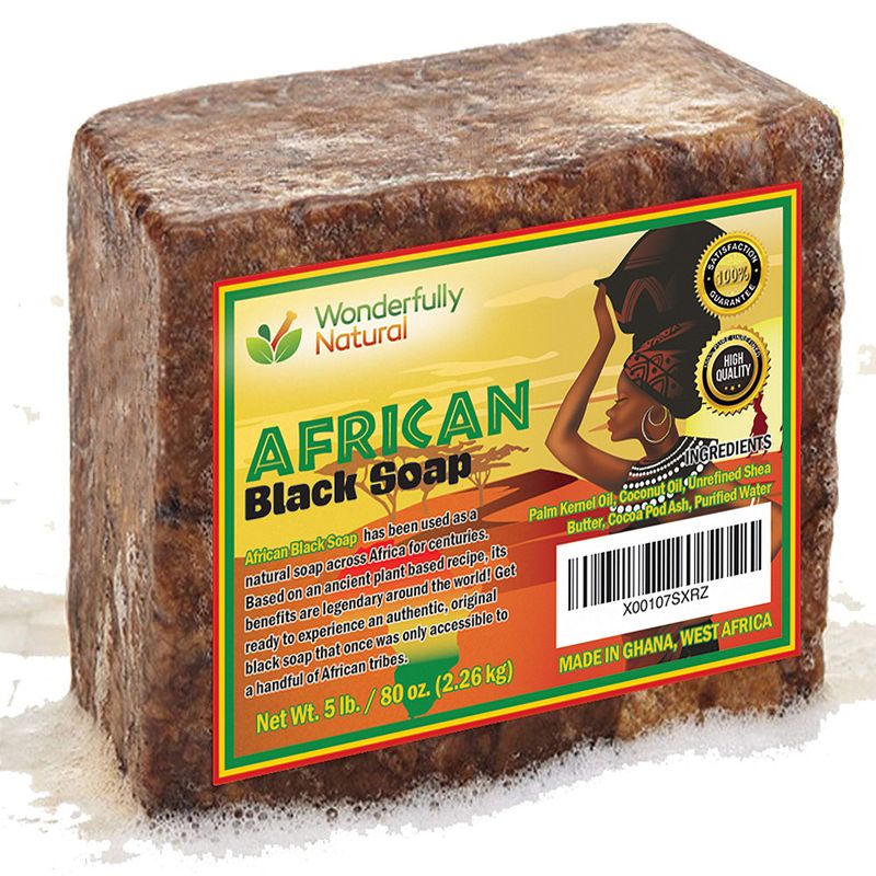 Wonderfully Natural Organic African Black Soap - 5 Pound Best for Acne, Eczema, Dry Skin, Psoriasis, Scars, Dermatitis, White Heads Pimples, Face &amp; Body Wash, Raw Handcrafted Beauty Scrub Bar
