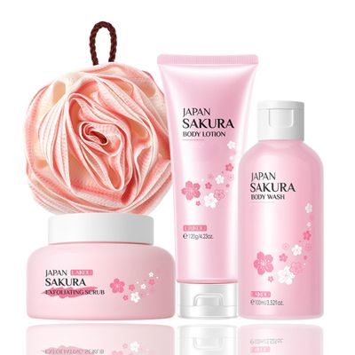 Japanese Cherry Blossom Bath Set - Christmas Gifts for Women - Travel Essentials for Women - Skincare for Girls 10-12 - Bath Sets for Women Gift with Body Lotion (One Size, 4PCS Sakura Scent)