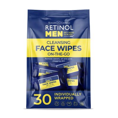 Retinol Mens Individually Wrapped wipes, travel essentials for Work, Gym &amp; On the Go - Large Wet Wipes for face + body, Fresh and clean, with micellar water &amp; Vitamin A-C-E - 30 single facial wipes