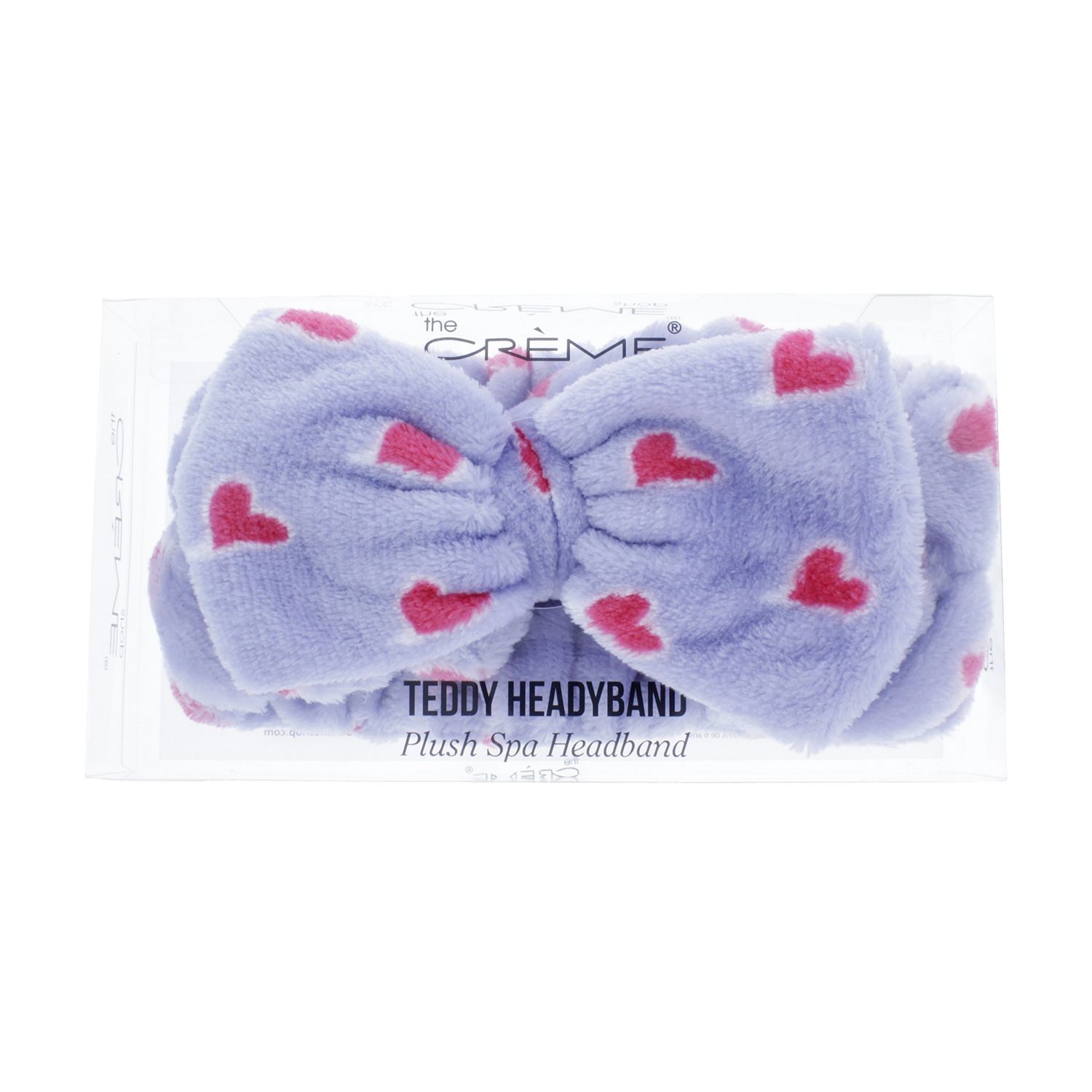 The Crme Shop Korean Skincare Beauty Facial Sweat Hair Towel, Non-slip Stretch Comfortable Wrap Band Adhesive Makeup Wash Spa Elastic - Lavender Purple Teddy Headyband with Pink Hearts