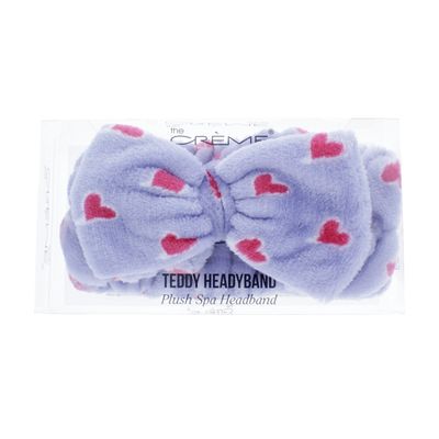 The Crme Shop Korean Skincare Beauty Facial Sweat Hair Towel, Non-slip Stretch Comfortable Wrap Band Adhesive Makeup Wash Spa Elastic - Lavender Purple Teddy Headyband with Pink Hearts