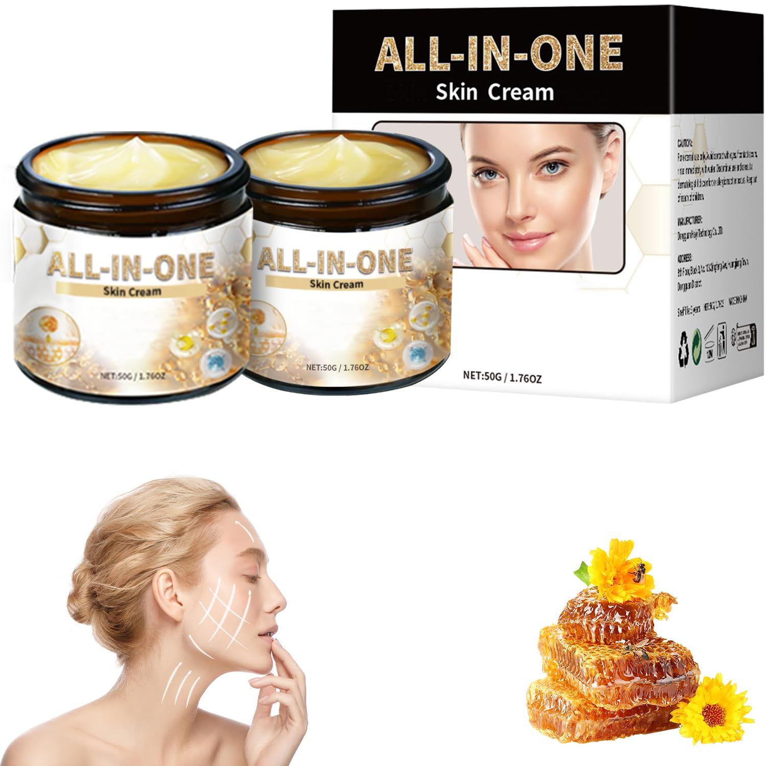 WLLEADG 2Pcs Effective All-in-One Skin Cream, Advanced Bee Venom Cream, All in One Skin Bee Venom Cream, Fine Line and Wrinkle Correction Cream for All Skin Types