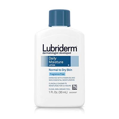 Lubriderm Daily Moisture Hydrating Unscented Body Lotion with Vitamin B5 for Normal to Dry Skin, Non-Greasy and Fragrance-Free Lotion. 1 fl. oz