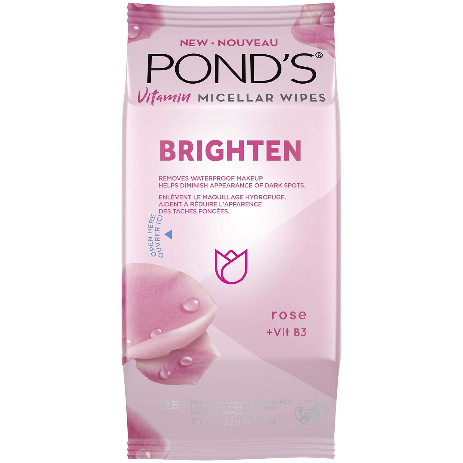 Pond&#39;s Vitamin Micellar Wipes For Dark Spots Brighten Rose Removes Waterproof Makeup 25 Wipes