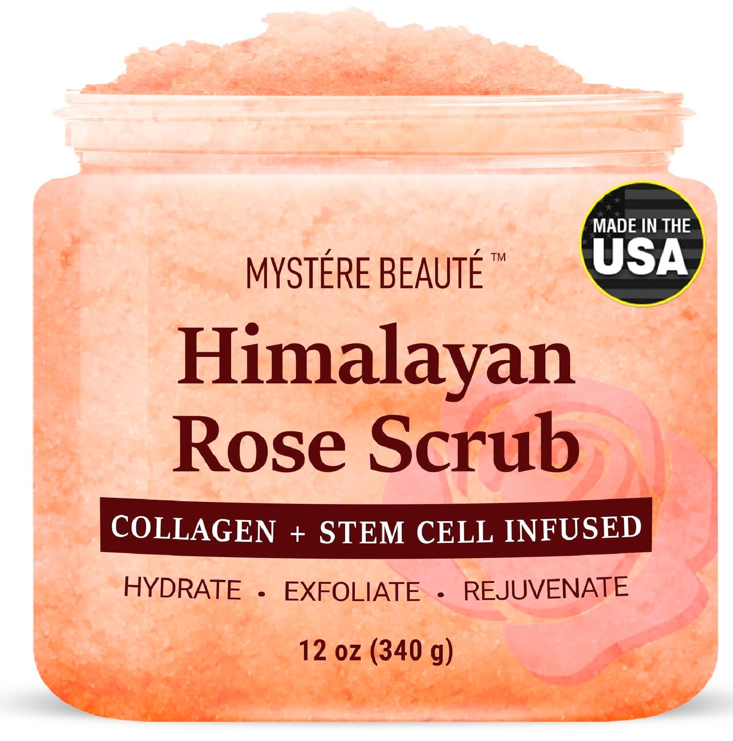 MYSTRE BEAUT Himalayan Salt Body Scrub 12 oz - with Collagen and Stem Cells - Exfoliating Salt Scrub for Cellulite - Deep Cleansing for Acne, Scars, Wrinkles - Moisturizes Skin