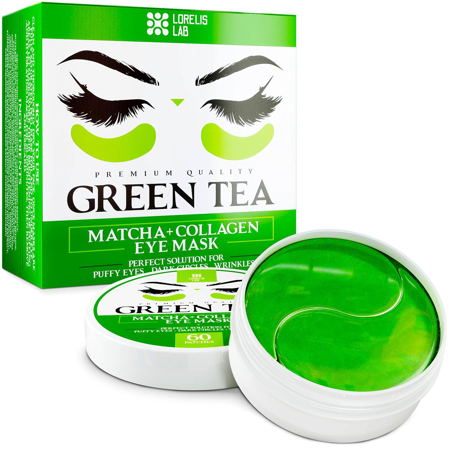 Under Eye Patches for Puffy Eyes, Dark Circles, Undereye Bags - Green Tea Skincare Treatment Mask for Wrinkles, Puffiness Reducer - Hyaluronic Acid, Collagen,Caffeine - Gifts for Women &amp; Men - 60 Pads