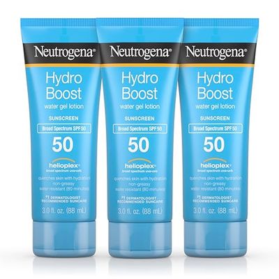 Neutrogena Hydro Boost Moisturizing Water Gel Sunscreen Lotion with Broad Spectrum SPF 50, Water-Resistant &amp; Non-Greasy Hydrating Sunscreen Lotion, Oil-Free, 3 fl. oz, Pack of 3