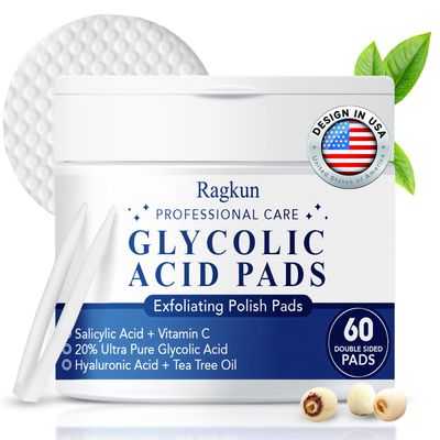 Ragkun Glycolic Acid Pads - Exfoliating Pads with Salicylic Acid - Toner Pads for Face with Vitamins C - Face Pads with Tea Tree Oil Facial Radiance Pads with Deep Cleaning Effect - 60 Pads