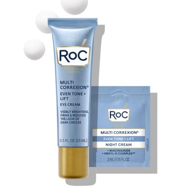 RoC Multi Correxion 5 in 1 Anti-Aging Eye Cream for Puffiness, Under Eye Bags &amp; Dark Circles, Stocking Stuffers for Men &amp; Women, (.5 oz) with Night Cream Packette (Packaging May Vary)