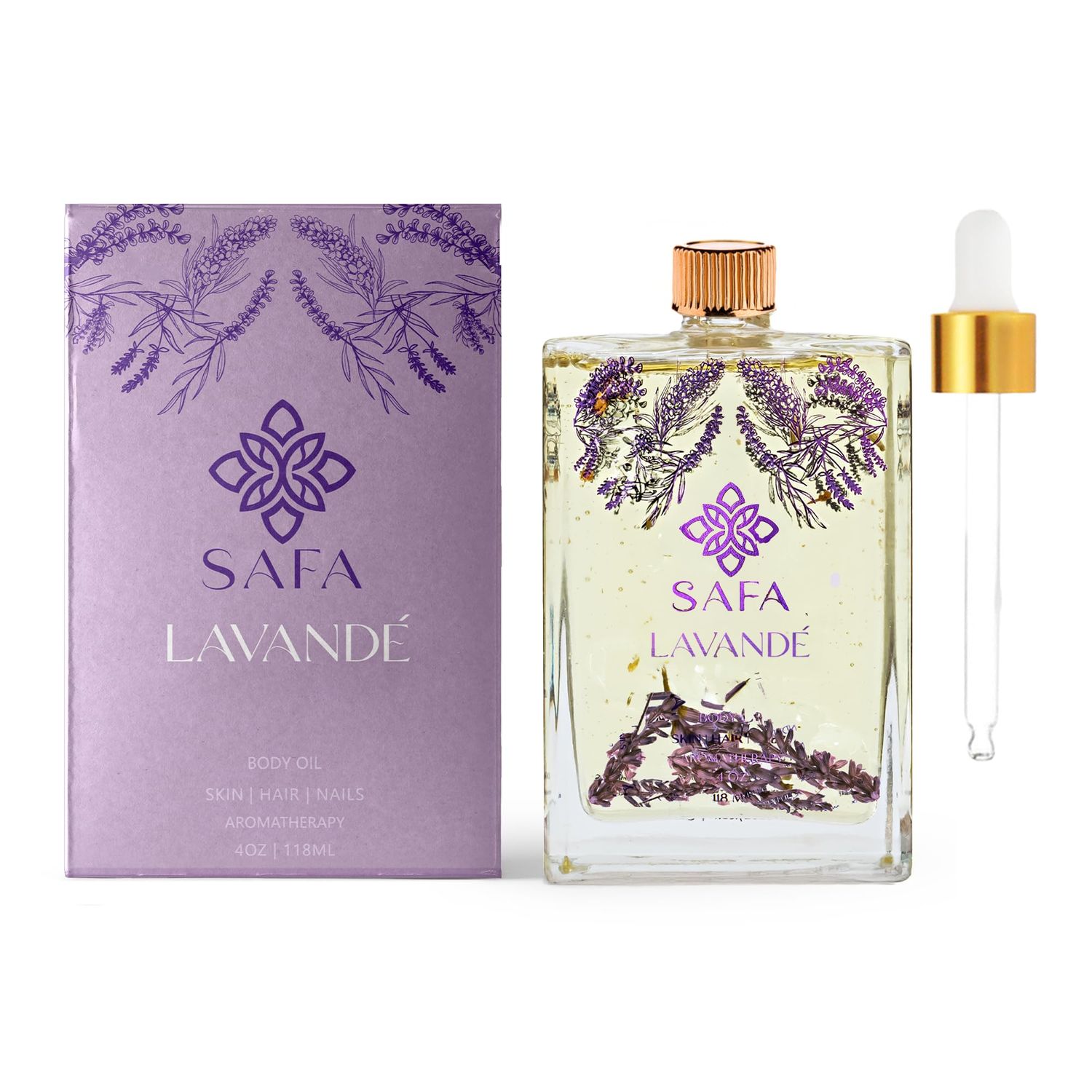 SAFA Lavand Oil for Face, Body, Hair &amp; Nails - English &amp; French Lavender Essential Oil | Skin Moisturizer | After Shower Body Oil for Long Lasting Fragrance | Aromatherapy &amp; Diffuser Oil - 4 Fl Oz