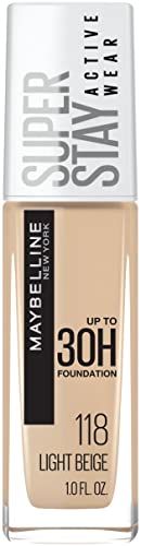Maybelline Super Stay Full Coverage Liquid Foundation Active Wear Makeup, Up to 30Hr Wear, Transfer, Sweat &amp; Water Resistant, Matte Finish, Light Beige, 1 Count