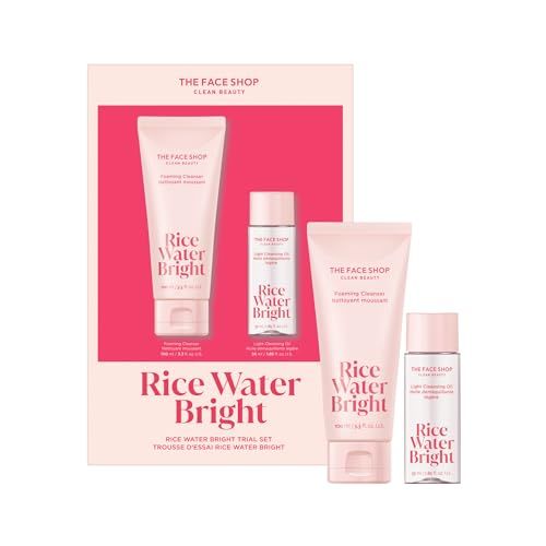The Face Shop Rice Water Bright Vegan Double Cleanse Trial Set, Travel Size, Foaming Cleanser &amp; Mini Cleansing Oil, Korean Skin Care, Gentle Face Cleanser &amp; Pore Control, Moisturizing Makeup Remover