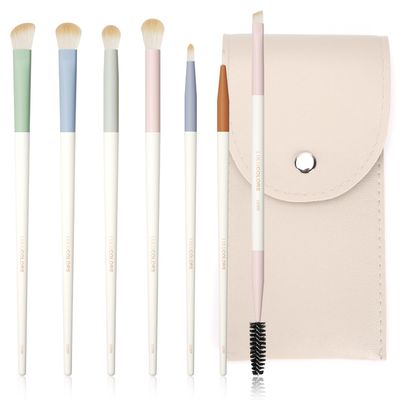 LULUCOLORS Colorful Series 7-Pcs Eye Makeup Brush Set - Soft, Cruelty-Free Synthetic Bristles, Eyeshadow Blending Brushes with Travel Pouch - Includes Eyebrow, Eyeliner, and Blending Brushes