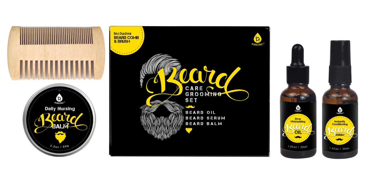 Pursonic Beard Care Grooming Set-Ultimate Beard Grooming Kit Includes Men&#39;s Beard Comb, Beard Oil,Beard Balm &amp; Beard Serum